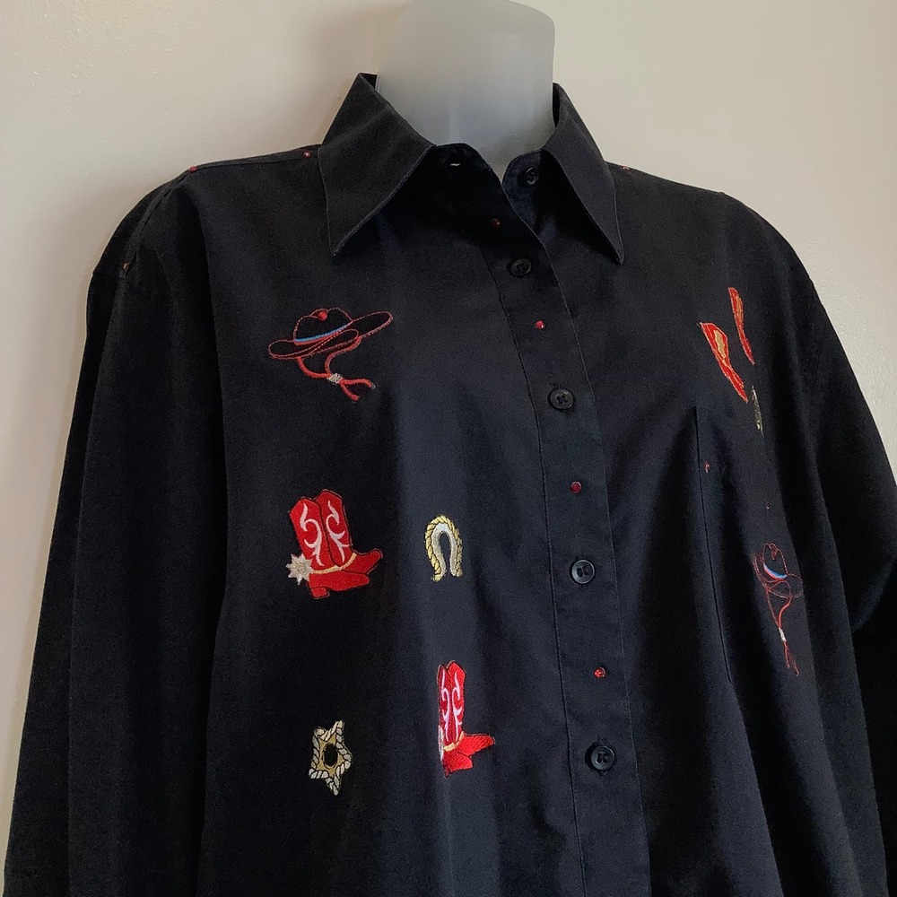 Afiva Womens Black Western Embroidered Button Down Shirt Cowboy Boots Hat‎ L - Picture 8 of 12